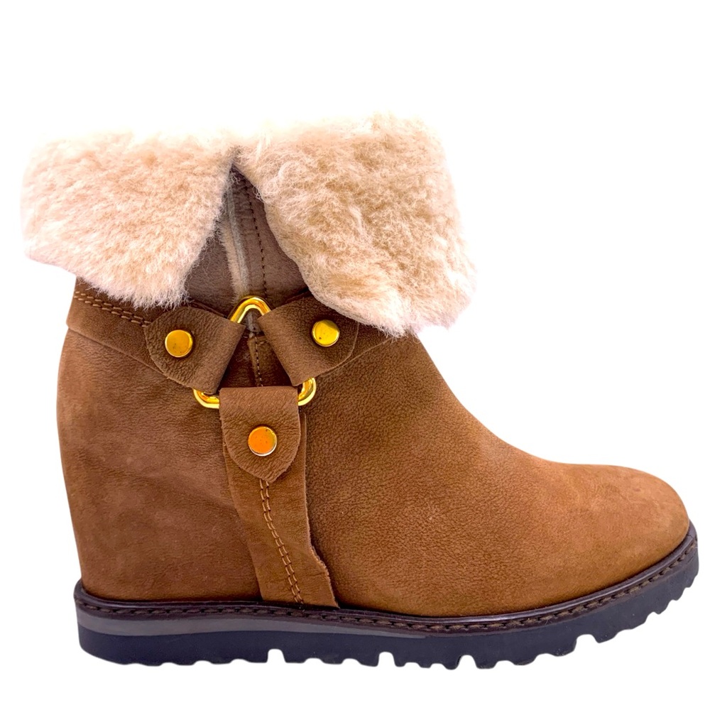 NAPOLEONI Brown Suede Shearling Wedge Booties
